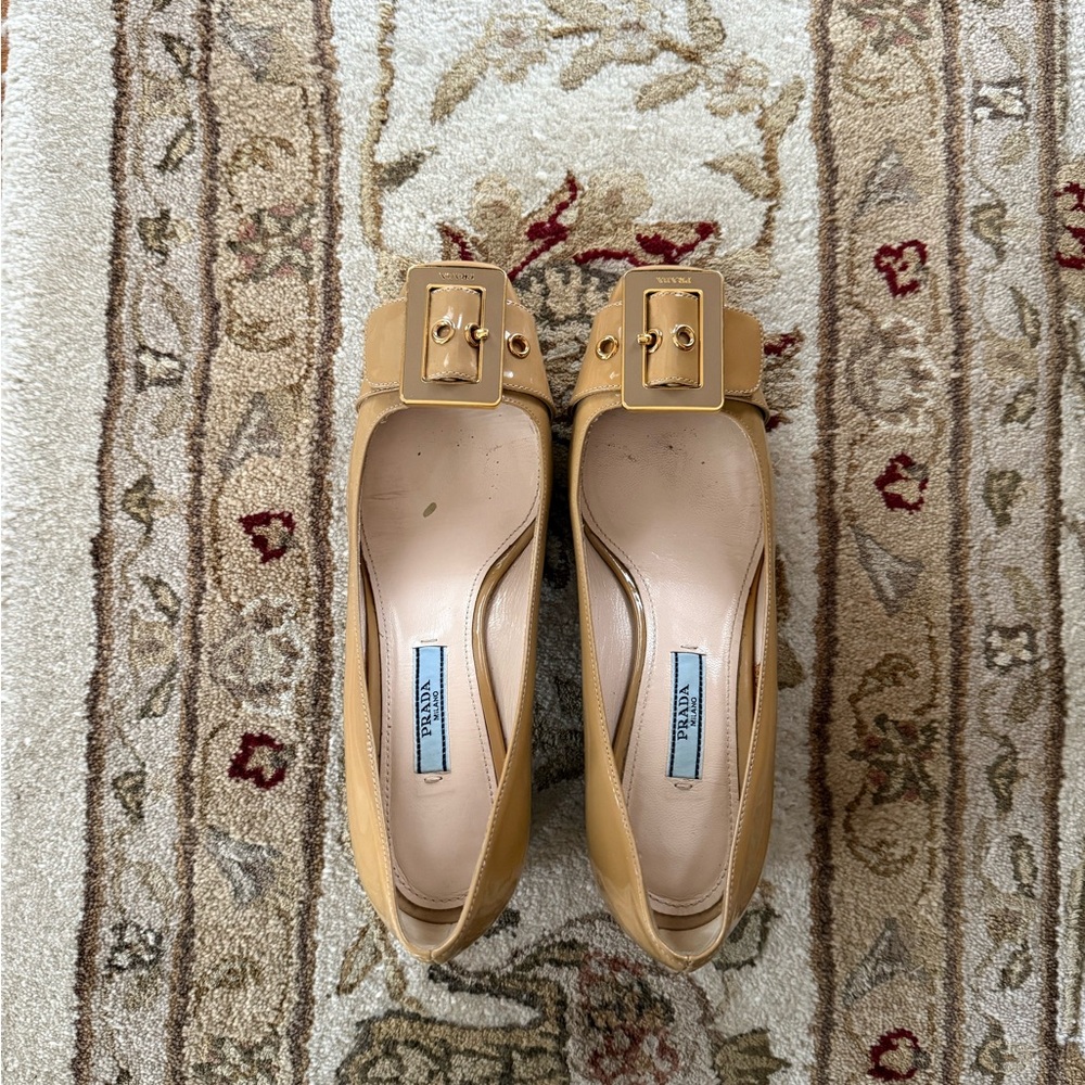 Prada Camel Patent Leather Buckle Pump